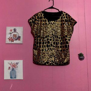 Rachel Zoe Black and Gold Sequin Short Sleeve Top